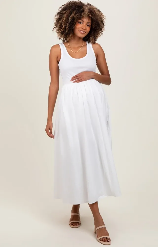 White Scoop Neck Contrast Skirt Maternity Maxi Dress