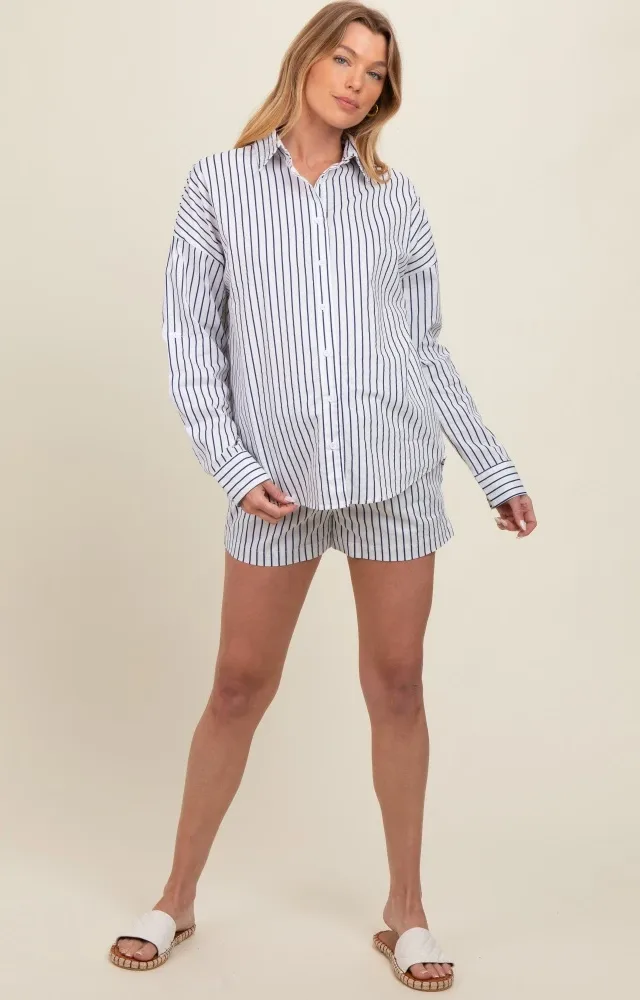 White Striped Button Down Top And Shorts Maternity Set