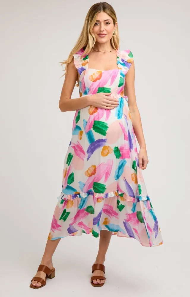 White Watercolor Print Ruffle Accent Maternity Dress