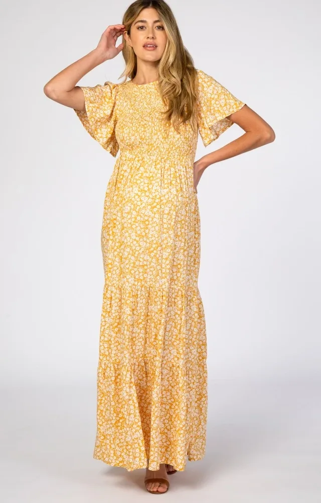 Yellow Floral Smocked Front Maternity Maxi Dress