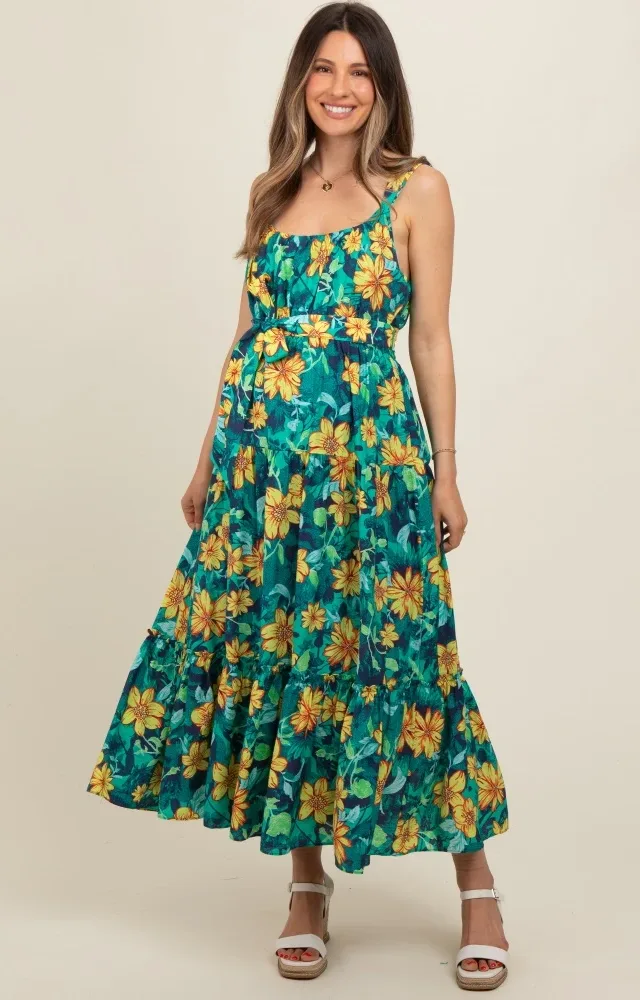 Yellow Floral Tiered Sash Tie Maternity Midi Dress