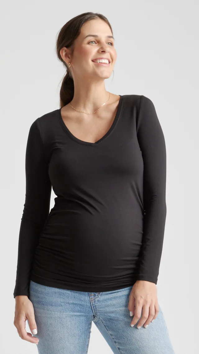 Black/Dark Olive Tencel Jersey Maternity Ruched Long Sleeve Tee 2-Pack