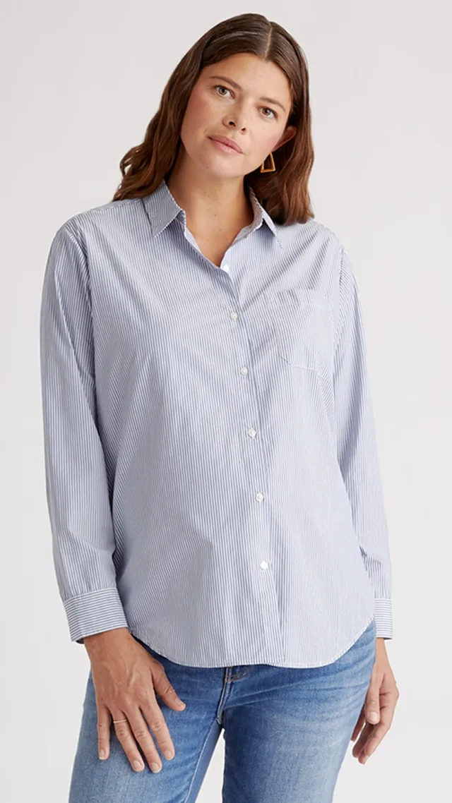 Light Blue Stripe Organic Cotton Poplin Maternity & Nursing Button-Down Shirt