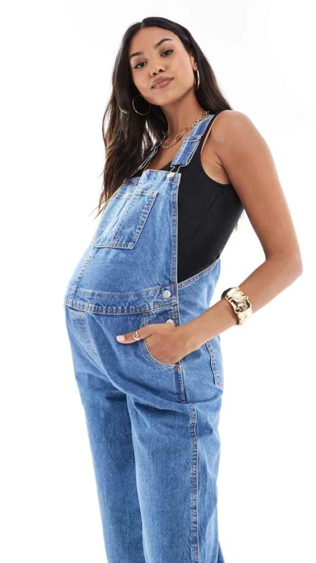 Asos Design Maternity Denim Overalls In Mid Blue