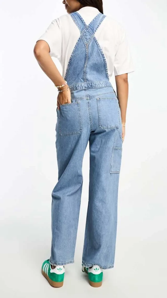 Asos Design Maternity Denim Overalls In Mid Blue