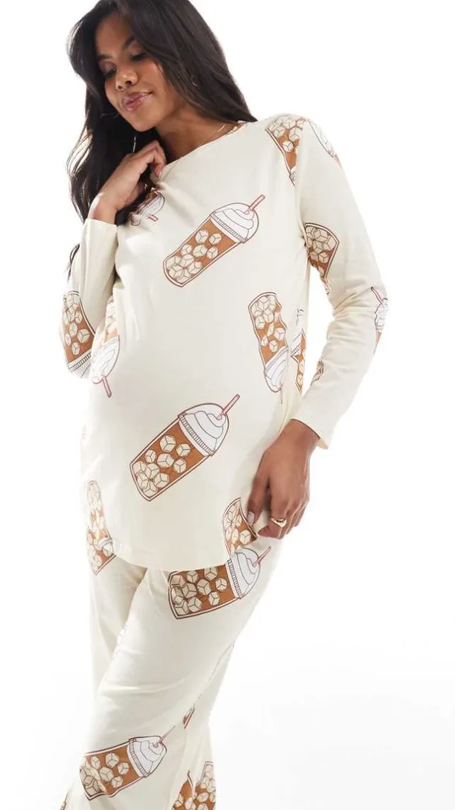 Asos Design Maternity Iced Coffee Long Sleeve Top And Pants Pajama Set In Beige