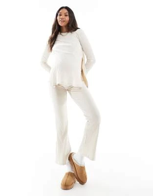 Mamalicious Maternity Ribbed Top And Flared Pants Set In Cream