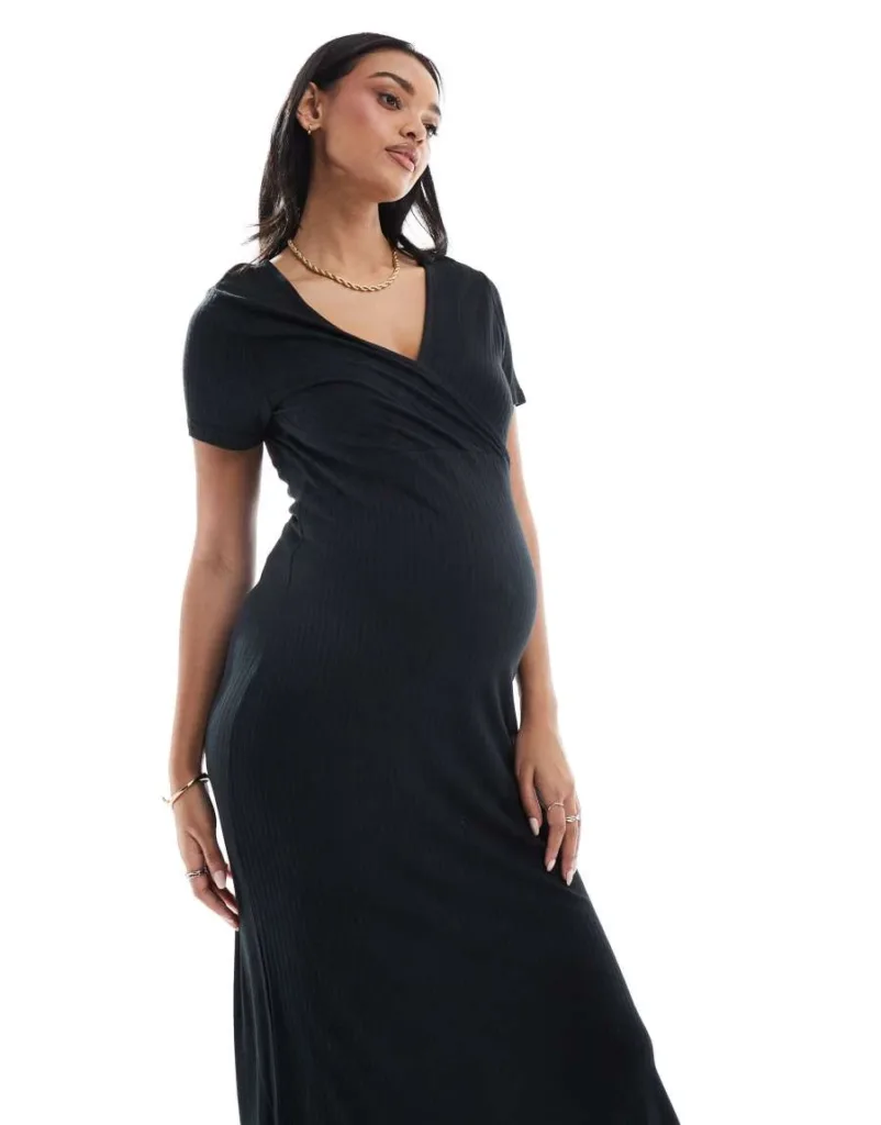 Mamalicious Maternity Short Sleeved Ribbed Jersey Maxi Dress In Black