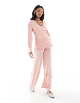 Mamalicious Maternity Slubby Jersey Top And Pants Set In Pink