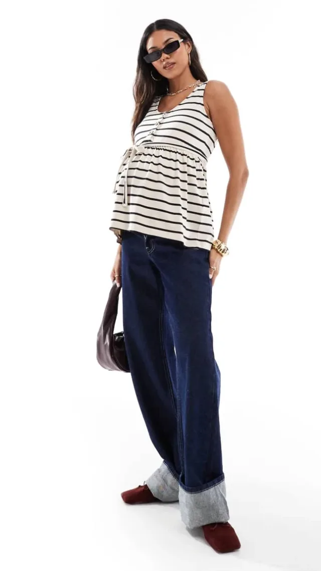 Mamalicious Maternity Tank Top With Self Tie In Navy Stripe