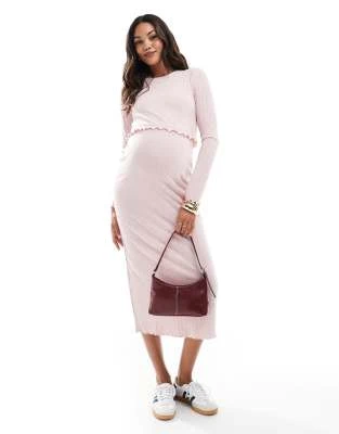 Mamalicious Ribbed Crop Top And Midi Skirt Set In Soft Pink