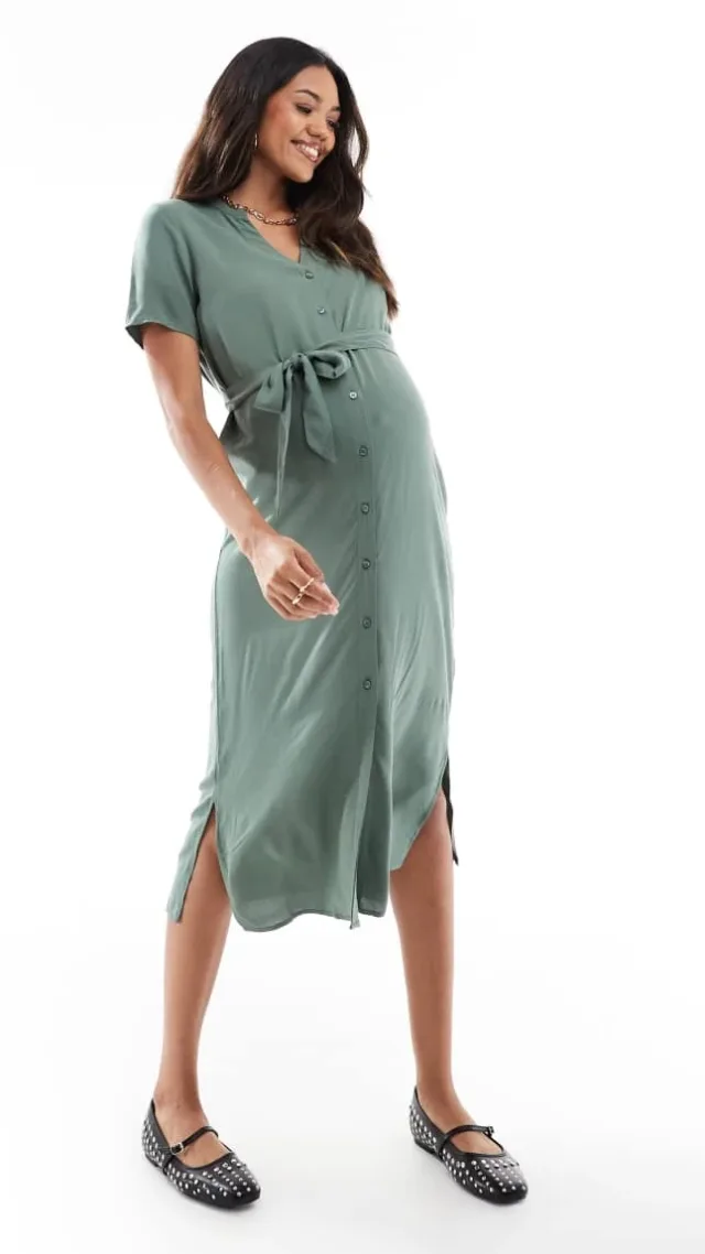 Vero Moda Maternity Midi Shirt Dress With Tie Waist In Sage Green