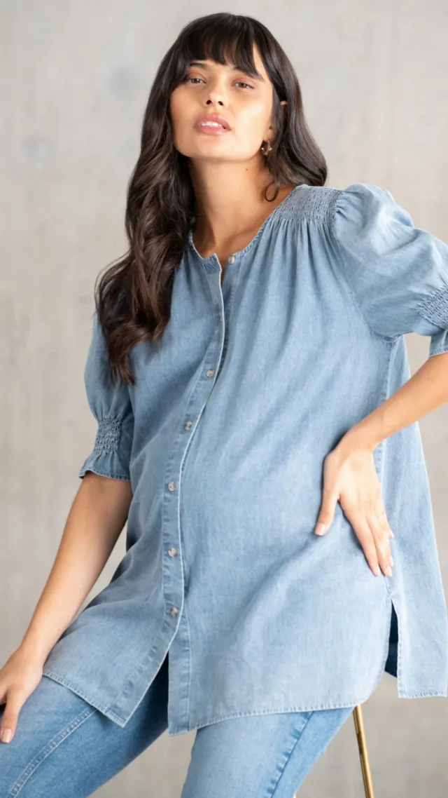 Tia | Shirred Sleeve Chambray Maternity Blouse