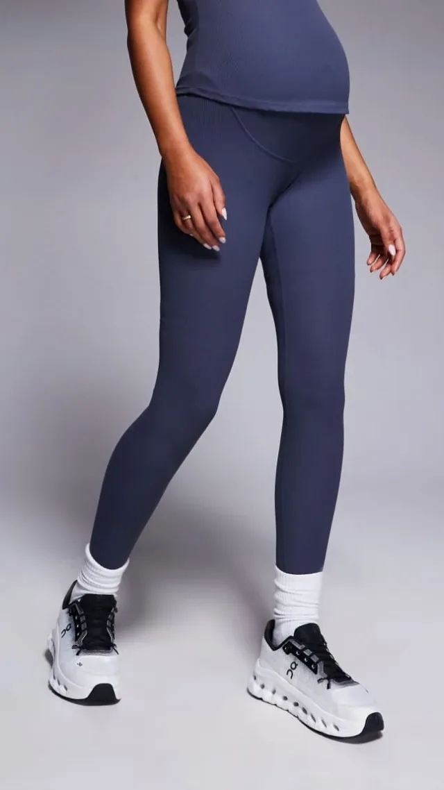 4505 Maternity Soft Touch Rib High Waist Gym Legging In Blue Gray