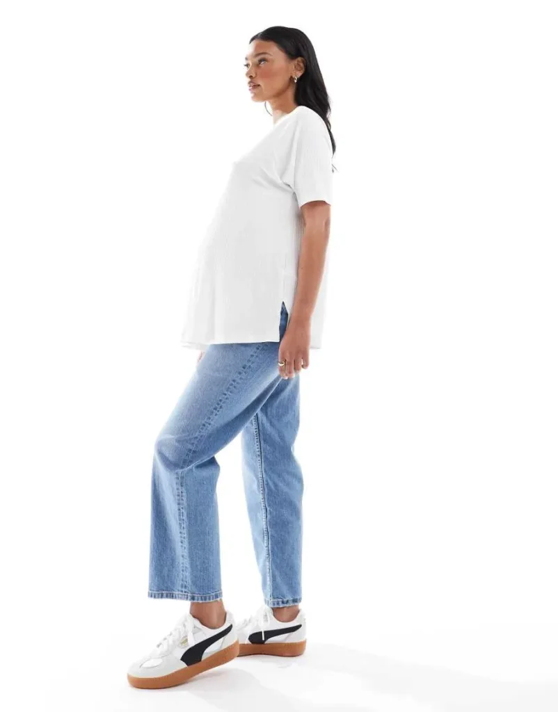 Asos Design Maternity Ankle Grazer Straight Leg Jeans In Mid Blue