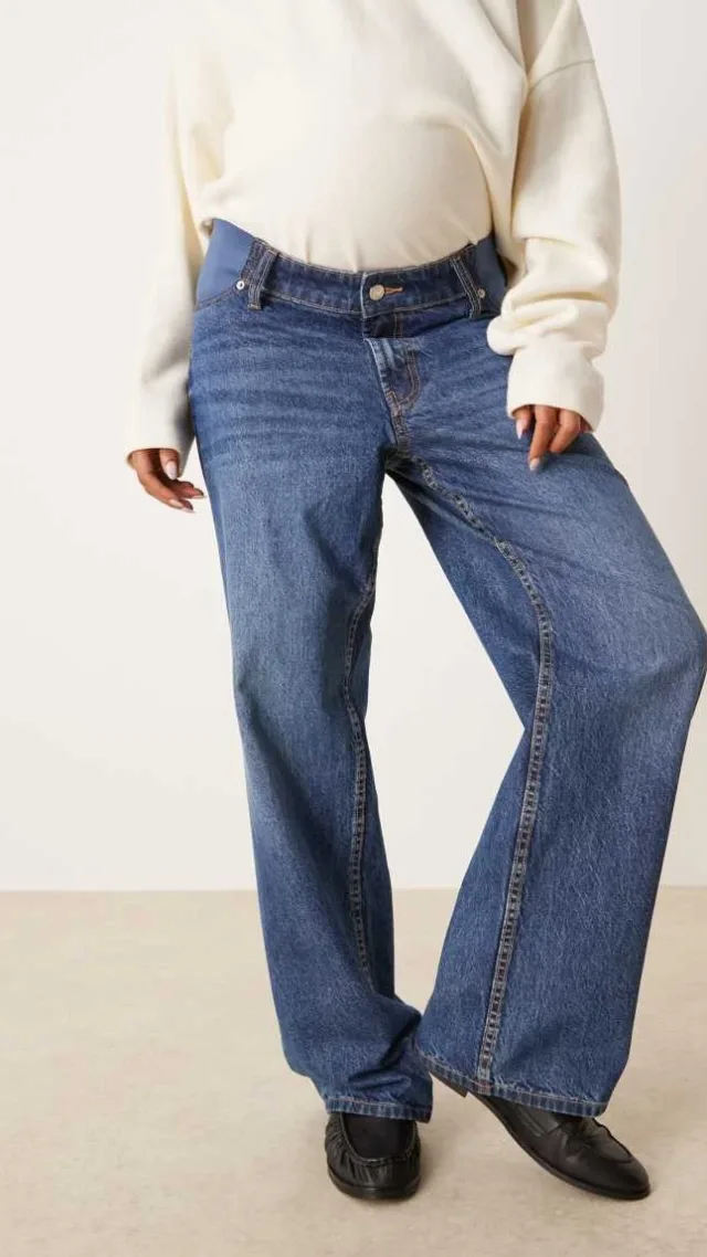Asos Design Maternity Baggy Wide Leg Jeans In Dark Blue