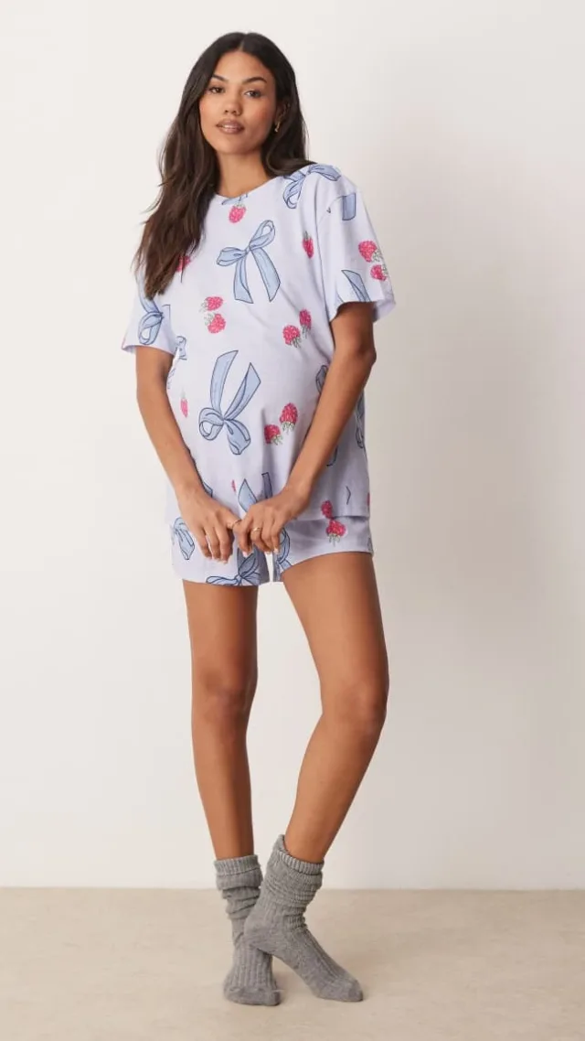 Asos Design Maternity Bow & Berry Oversized Tee & Short Pajama Set In Blue