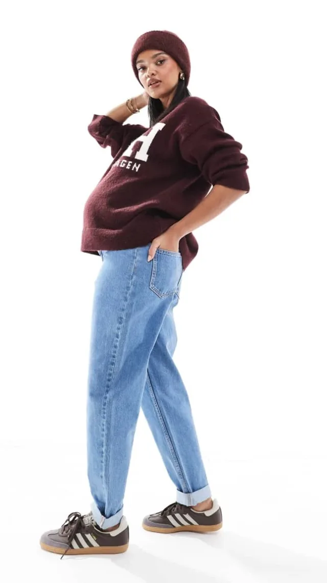 Asos Design Maternity High Rise Relaxed Mom Jeans In Clean Blue