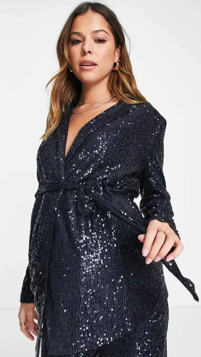 Asos Design Maternity Jersey Sequin Suit Wrap Blazer In Midnight Navy