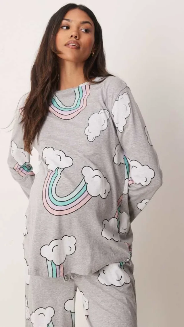 Asos Design Maternity Rainbow Long Sleeve Top & Pants Pajama Set In Gray Heather