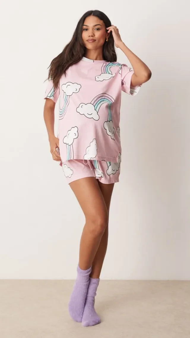 Asos Design Maternity Rainbow Oversized Tee & Short Pajama Set In Pink