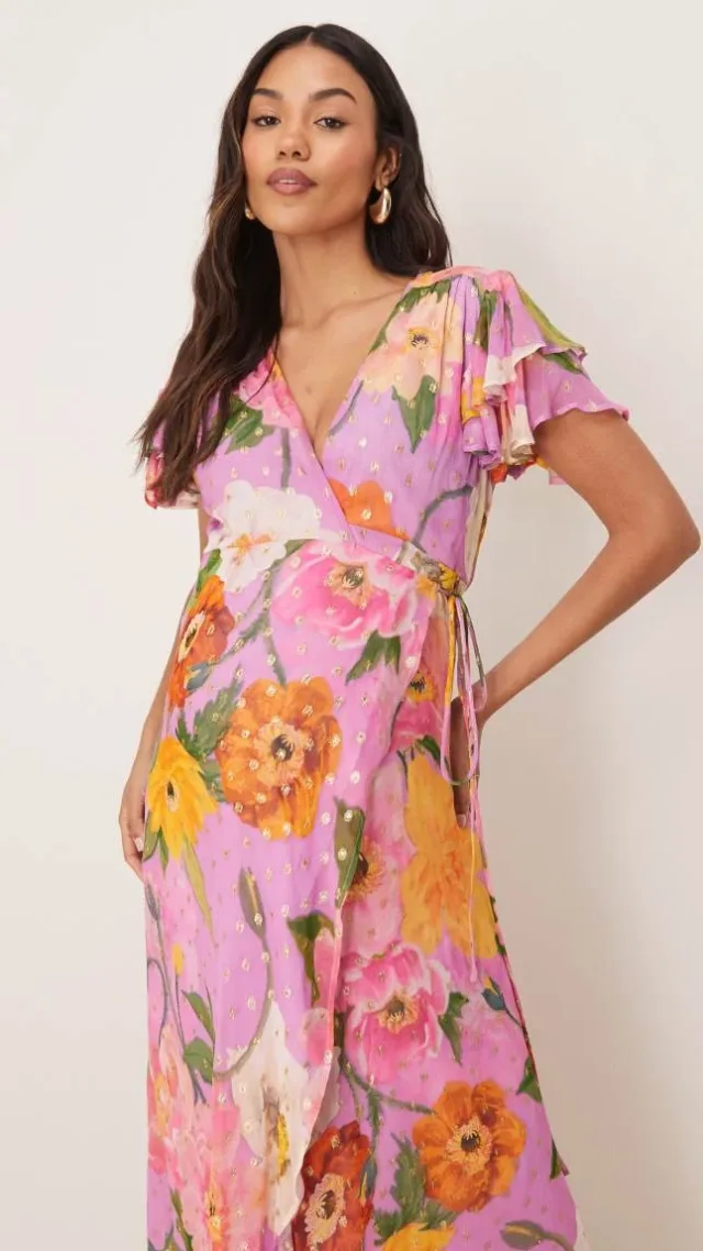 Hope & Ivy Maternity Frill Sleeve Maxi Wrap Dress With Tie Waist In Blue Print