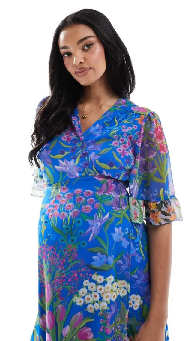 Hope & Ivy Maternity Frill Sleeve Maxi Wrap Dress With Tie Waist In Blue Print