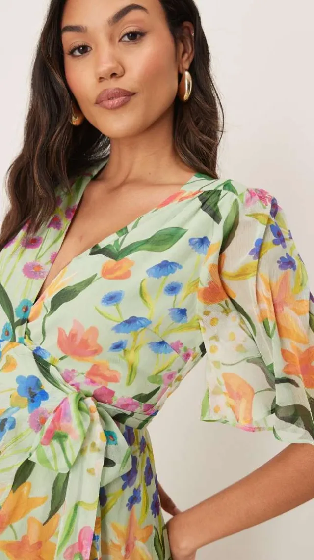 Hope & Ivy Maternity Frill Sleeve Maxi Wrap Dress With Tie Waist In Green Print