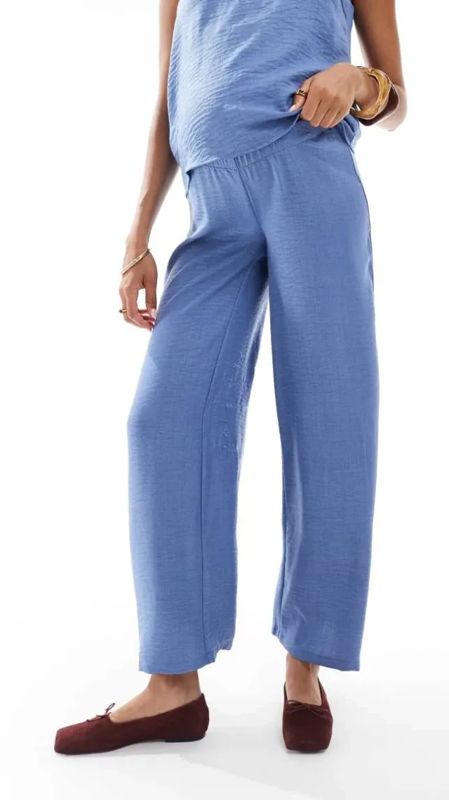 Mamalicious Crinkle Textured Wide Leg Pants In Blue - Part Of A Set