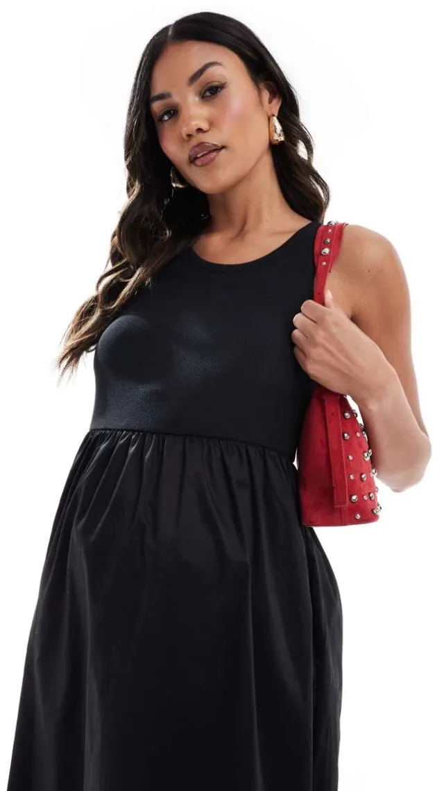 Mamalicious Jersey Top And Poplin Skirt Detail Midi Dress In Black