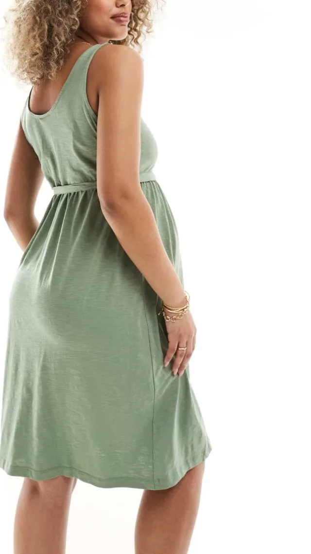 Mamalicious Maternity 2 Function Nursing Button Up Mini Sundress In Sage Green