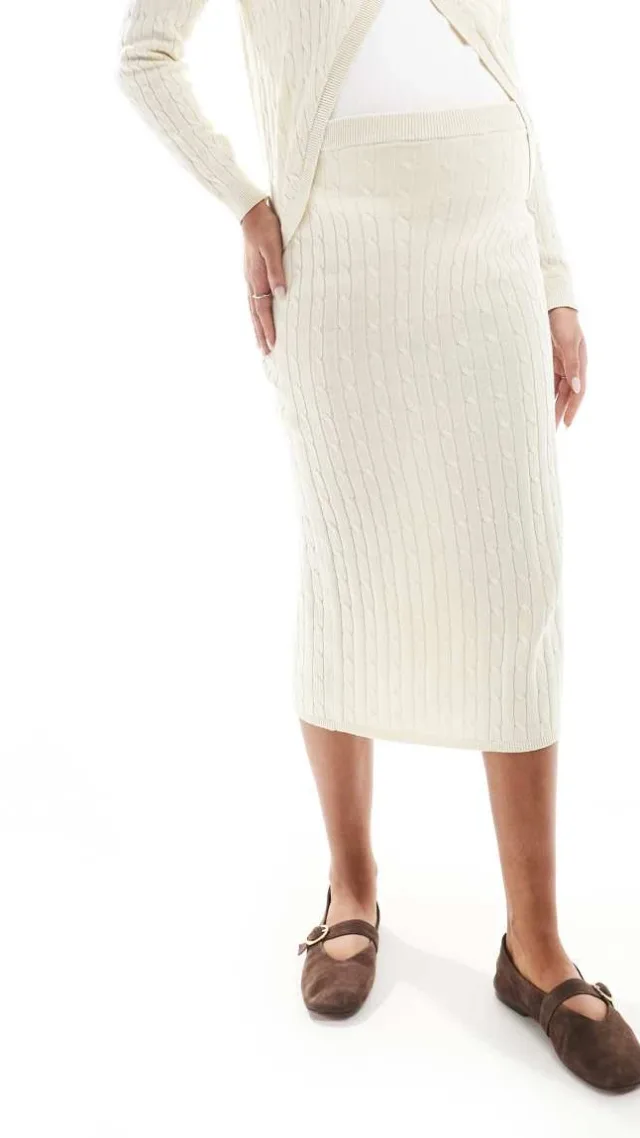 Mamalicious Maternity Cable Knit Midi Skirt In Cream Melange - Part Of A Set