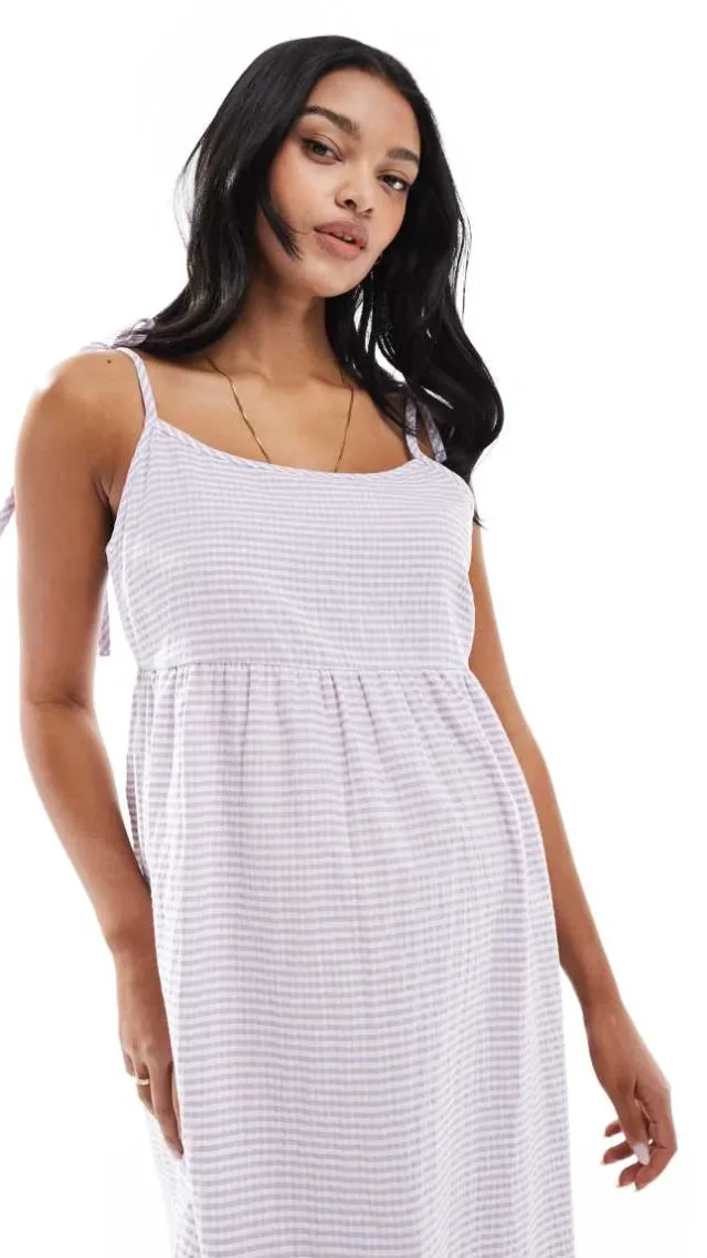Mamalicious Maternity Cotton Midi Dress In Lilac Gingham