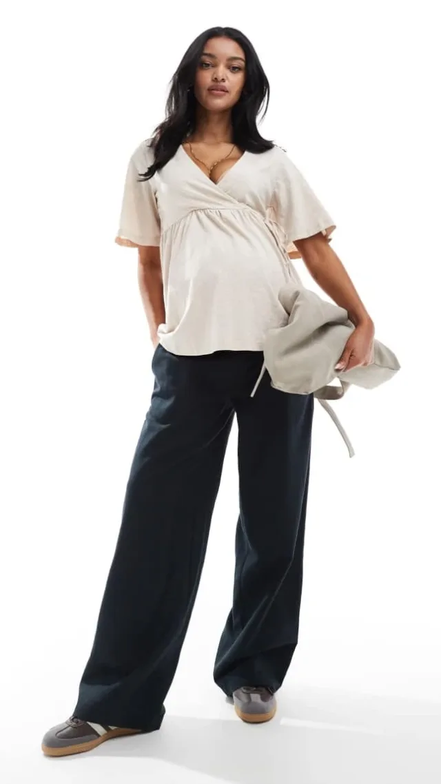 Mamalicious Maternity Linen Mix Wide Leg Pants In Black