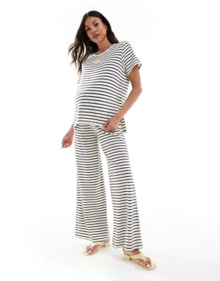 Mamalicious Maternity T-Shirt And Wide Leg Jersey Pants Set In Cream And Navy Stripes