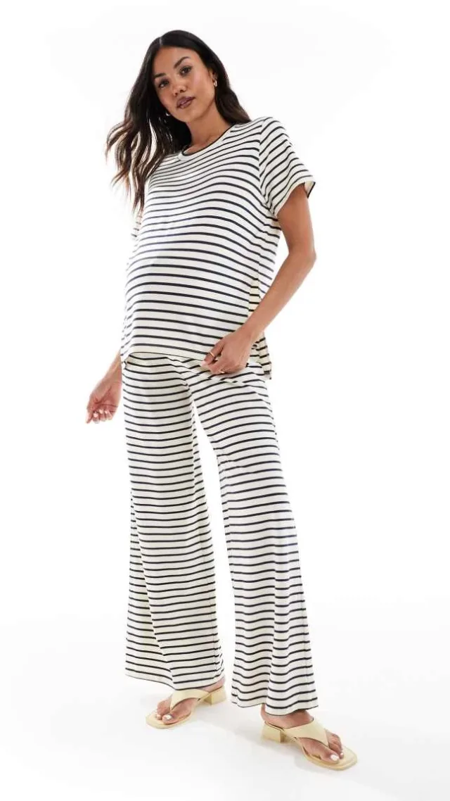 Mamalicious Maternity T-Shirt In Cream And Navy Stripes - Part Of A Set