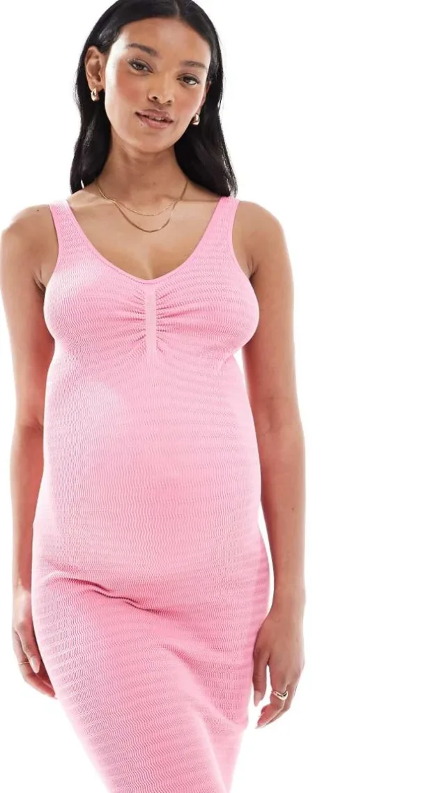 Mamalicious Maternity Textured Support Tank Midi Dress With Lettuce Edge In Bright Pink