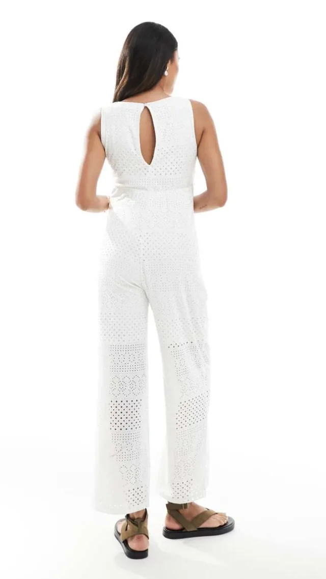 Mamalicious Maternity Wide Leg Jersey Eyelet Jumpsuit In White