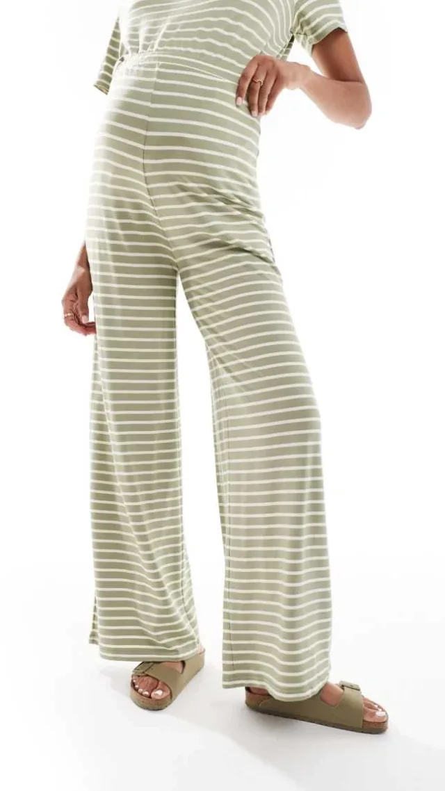 Mamalicious Maternity Wide Leg Jersey Pants In Khaki Stripe - Part Of A Set