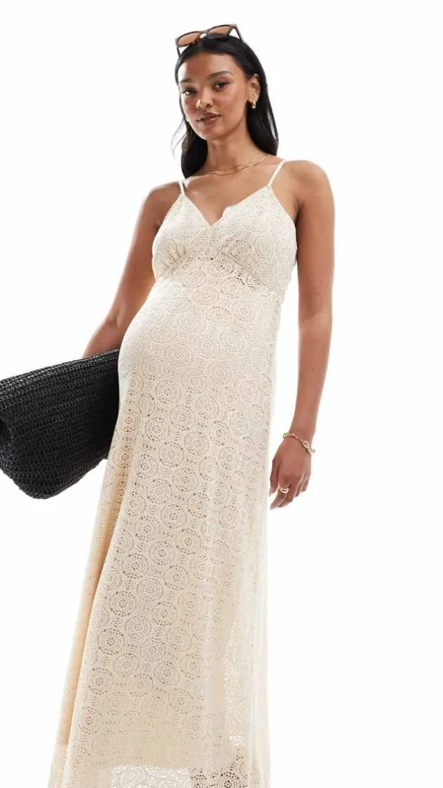 Vero Moda Maternity Plunge Front Lace Maxi Dress In Cream