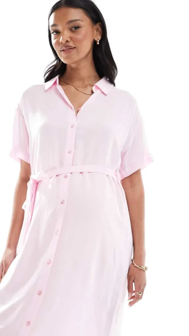 Vero Moda Maternity Shirt Midi Dress With Tie Belt In Pink
