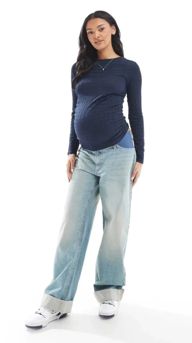 Vero Moda Maternity Textured Ruched Long Sleeve Top In Navy