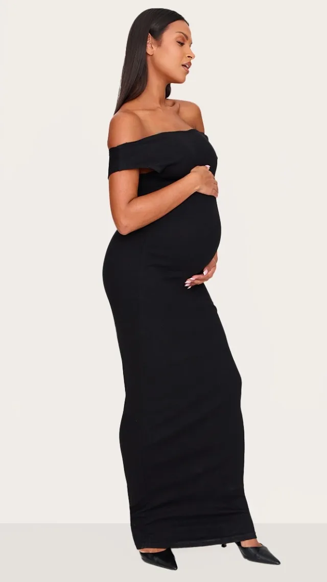 Maternity Black Bardot Ribbed Sleeveless Maxi Dress