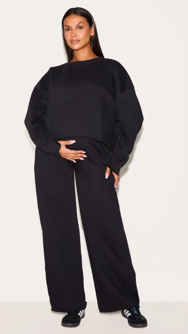 Maternity Black Fleeceback Wide Leg Sweatpants
