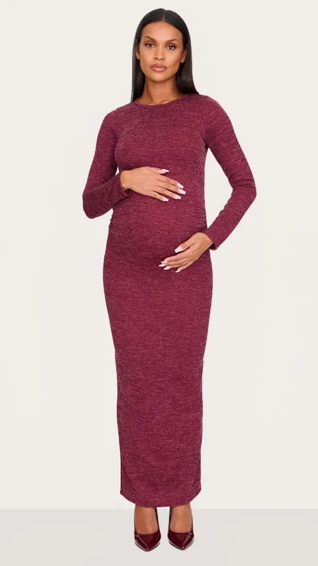 Maternity Burgundy Rib Ruched Maxi Dress
