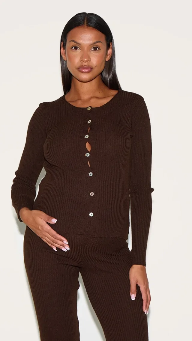 Maternity Chocolate Button Up Long Sleeve Knit Top