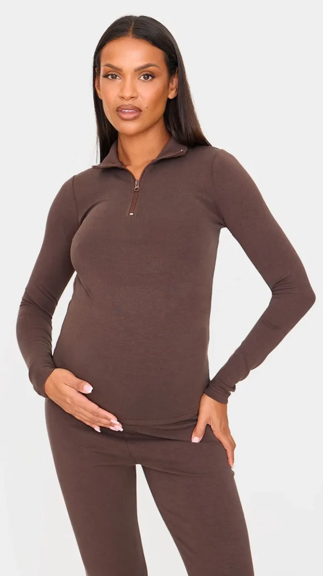 Maternity Chocolate Premium Soft Touch Quarter Zip Long Sleeve Top