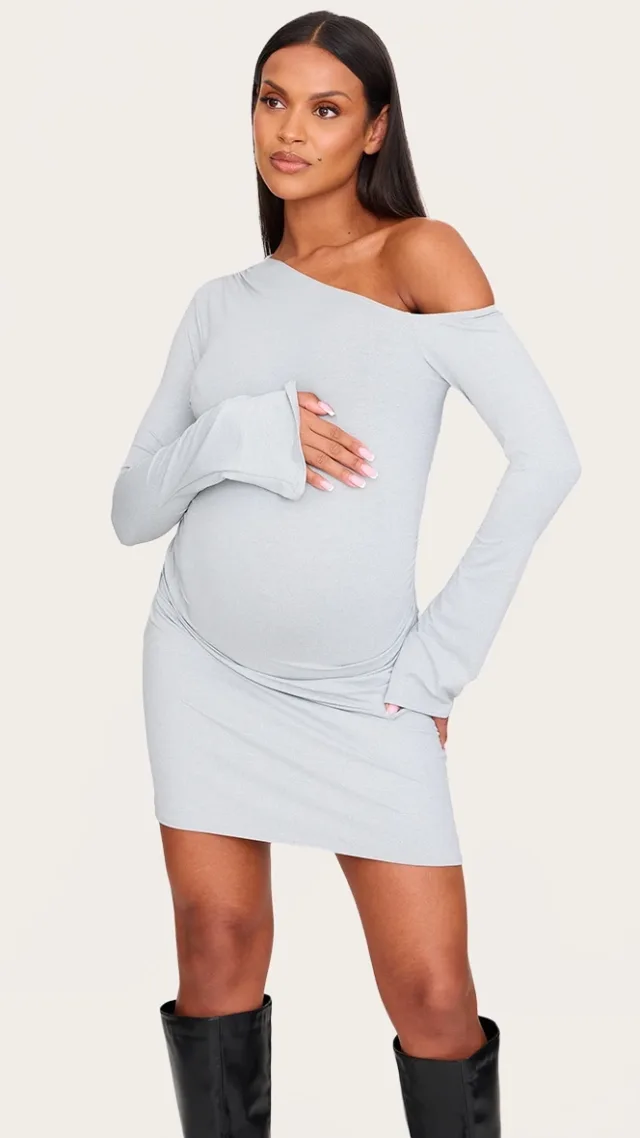 Maternity Grey Asymmetric Ruched Long Sleeve Mini Dress