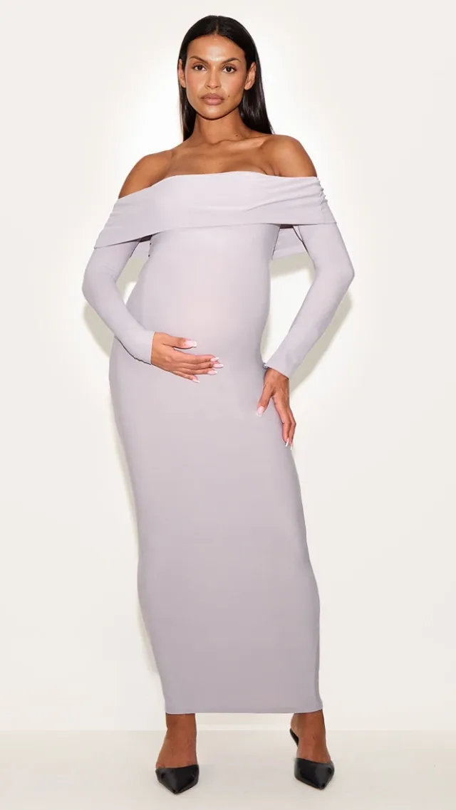 Maternity Light Grey Soft Touch Fold Over Bardot Maxi Dress