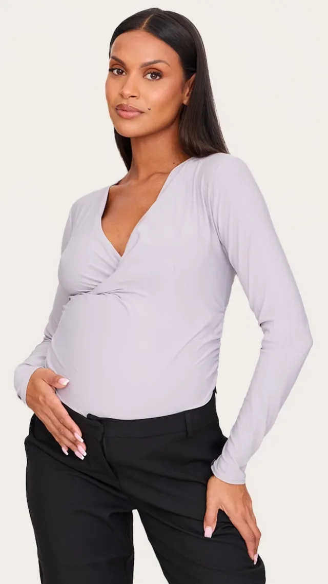 Maternity Light Grey Soft Touch Ruched Long Sleeve Longline Top